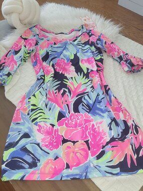 LILLY PULITZER Waverly Ruffle Sleeve Boat Neck Dress S Floral Multicolor Fits M